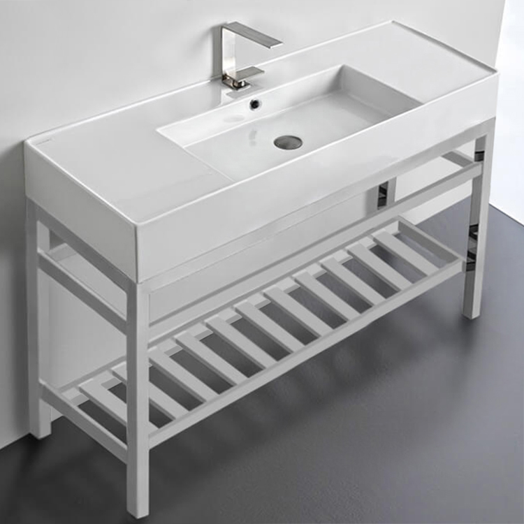 Scarabeo 5125-CON2 Modern Ceramic Console Sink and Polished Chrome Base, 48 Inch